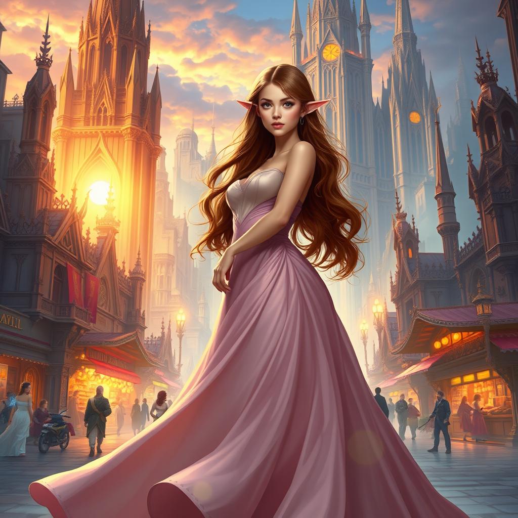 A beautiful brown-haired elf elegantly dressed in a stunning gown, standing in the heart of a grand, majestic city