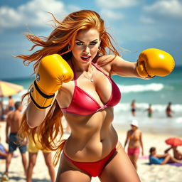 A dynamic scene featuring Jean Grey from the X-Men universe, wearing a stylish bikini at a vibrant beach