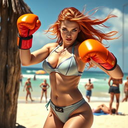 A dynamic scene featuring Jean Grey from the X-Men universe, wearing a stylish bikini at a vibrant beach