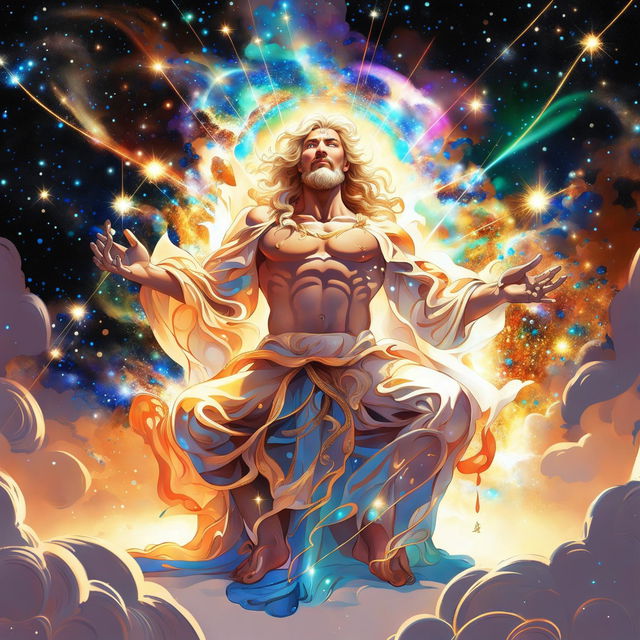 An enhanced digital art piece of God Almighty, now depicted with a vibrant aura, raised hands emitting beams of light, and a more dominant presence in the cosmos