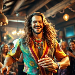 A handsome tanned man with long, flowing hair, wearing vibrant and bright colored clothes adorned with intricate patterns
