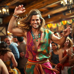 A handsome tanned man with long, flowing hair, wearing vibrant and bright colored clothes adorned with intricate patterns