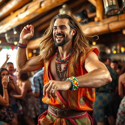 A handsome tanned man with long, flowing hair, wearing vibrant and bright colored clothes adorned with intricate patterns