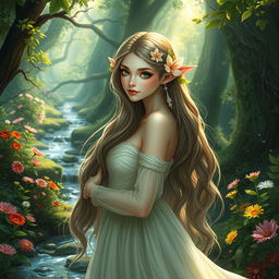 A beautiful elf with long, flowing hair, adorned with delicate floral accessories that complement her ethereal beauty