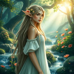 A beautiful elf with long, flowing hair, adorned with delicate floral accessories that complement her ethereal beauty