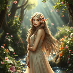 A beautiful elf with long, flowing hair, adorned with delicate floral accessories that complement her ethereal beauty