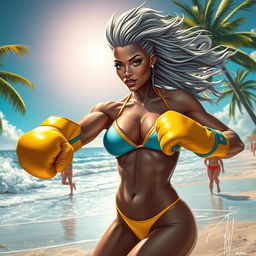 A striking and powerful depiction of the X-Men character Storm dressed in a stylish bikini, showcasing her athletic physique