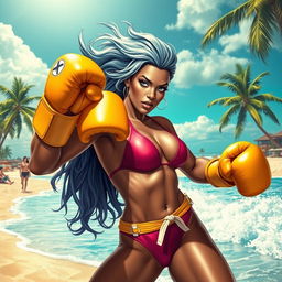 A striking and powerful depiction of the X-Men character Storm dressed in a stylish bikini, showcasing her athletic physique