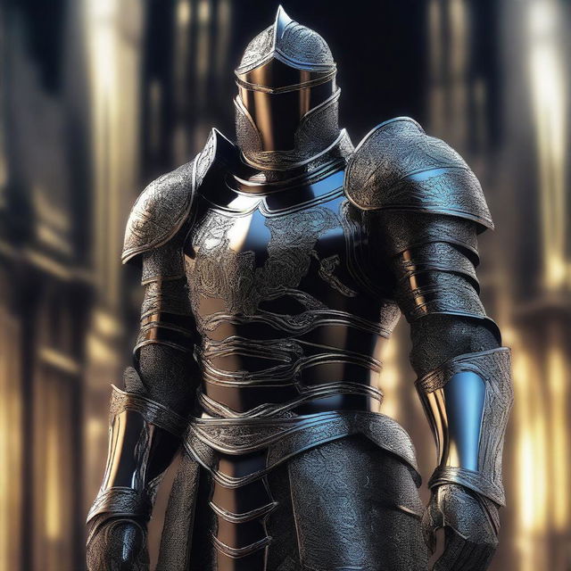 A 4K, high-definition, hyper-realistic digital art piece showcasing a futuristic Knight in black armor