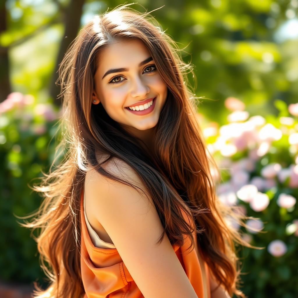 A beautiful 18-year-old brunette girl, with long flowing hair and sparkling brown eyes, wearing a trendy outfit that highlights her youthful energy