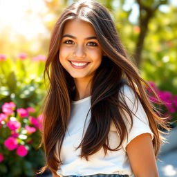 A beautiful 18-year-old brunette girl, with long flowing hair and sparkling brown eyes, wearing a trendy outfit that highlights her youthful energy