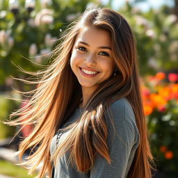 A beautiful 18-year-old brunette girl, with long flowing hair and sparkling brown eyes, wearing a trendy outfit that highlights her youthful energy