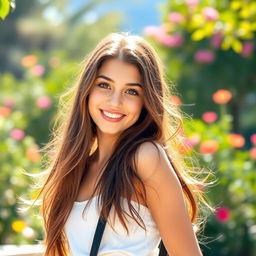 A beautiful 18-year-old brunette girl, with long flowing hair and sparkling brown eyes, wearing a trendy outfit that highlights her youthful energy