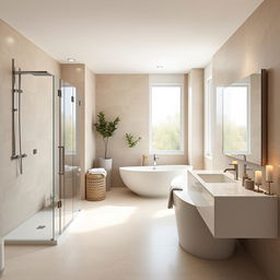 A beautifully designed 10x5 bathroom featuring sleek modern elements, warm neutral colors, and high-end finishes
