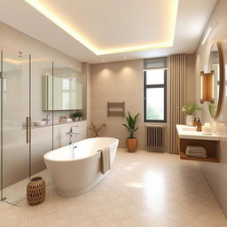A beautifully designed 10x5 bathroom featuring sleek modern elements, warm neutral colors, and high-end finishes
