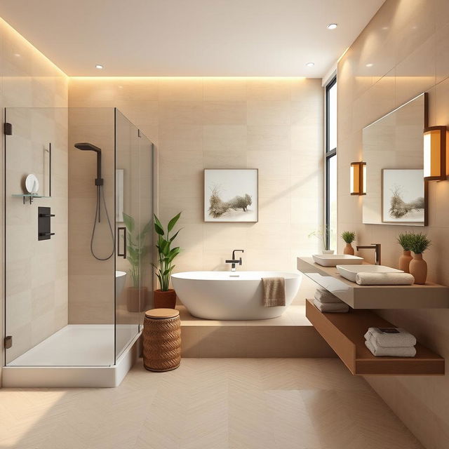 A beautifully designed 10x5 bathroom featuring sleek modern elements, warm neutral colors, and high-end finishes