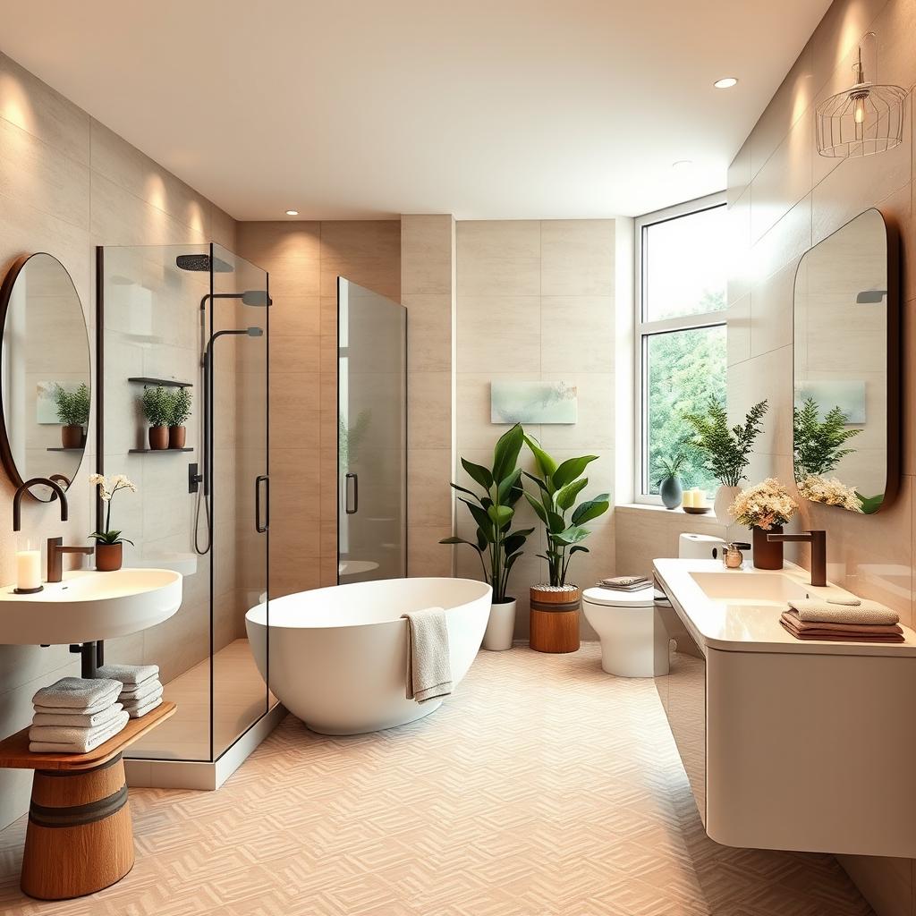 A beautifully designed 10x5 bathroom featuring sleek modern elements, warm neutral colors, and high-end finishes