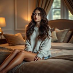 A beautiful 18-year-old brunette girl sitting gracefully on a plush bed, with long, wavy hair cascading down her shoulders