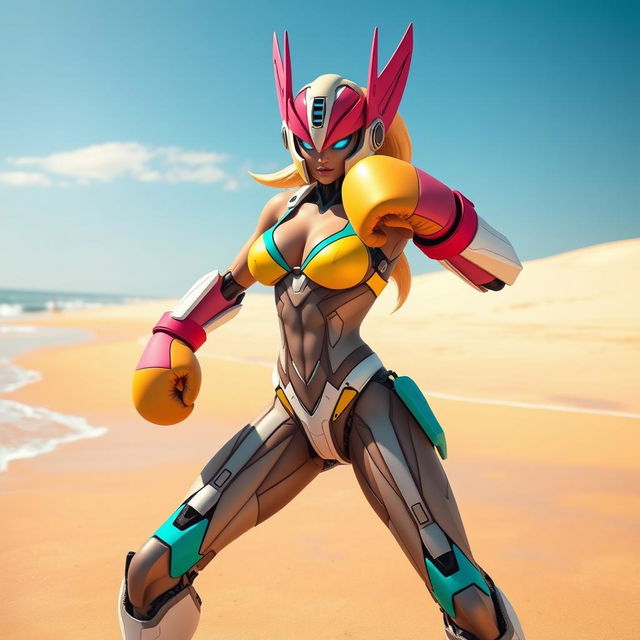 A futuristic female robot resembling Arcee from Transformers Prime, depicted in a dynamic action pose on a sunny beach