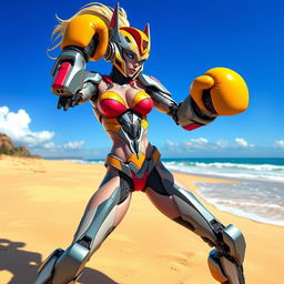 A futuristic female robot resembling Arcee from Transformers Prime, depicted in a dynamic action pose on a sunny beach