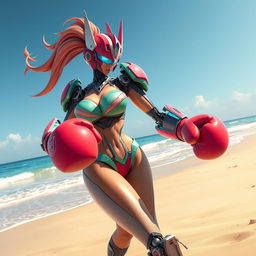 A futuristic female robot resembling Arcee from Transformers Prime, depicted in a dynamic action pose on a sunny beach