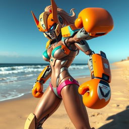 A futuristic female robot resembling Arcee from Transformers Prime, depicted in a dynamic action pose on a sunny beach