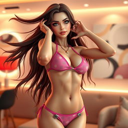 A 3D render of a confident and alluring woman with flowing long brown hair striking a sexy pose in a chic, modern setting