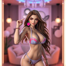 A 3D render of a confident and alluring woman with flowing long brown hair striking a sexy pose in a chic, modern setting