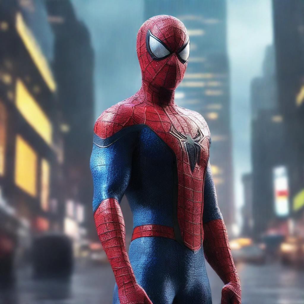 A hyper-realistic digital art piece depicting Spiderman in a blue and black suit, set against a rainy night city backdrop