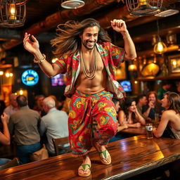 A handsome, tanned man with long flowing hair, dressed in bright colorful clothing adorned with vibrant patterns and sparkling jewellery