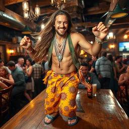 A handsome, tanned man with long flowing hair, dressed in bright colorful clothing adorned with vibrant patterns and sparkling jewellery