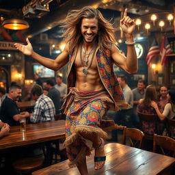 A handsome, tanned man with long flowing hair, dressed in bright colorful clothing adorned with vibrant patterns and sparkling jewellery