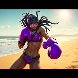 A dynamic scene depicting Blackarachnia, a character from Transformers, in a striking beach environment