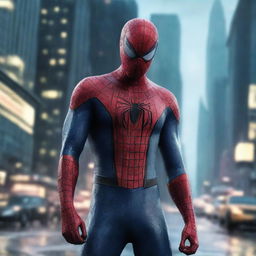 A hyper-realistic digital art piece depicting Spiderman in a blue and black suit, set against a rainy night city backdrop