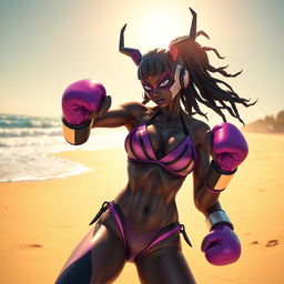 A dynamic scene depicting Blackarachnia, a character from Transformers, in a striking beach environment