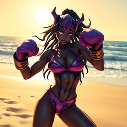 A dynamic scene depicting Blackarachnia, a character from Transformers, in a striking beach environment