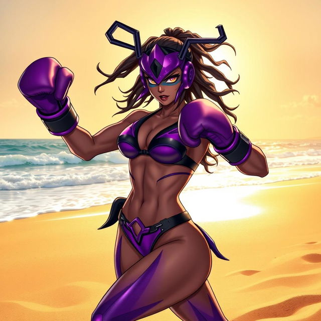 A dynamic scene depicting Blackarachnia, a character from Transformers, in a striking beach environment