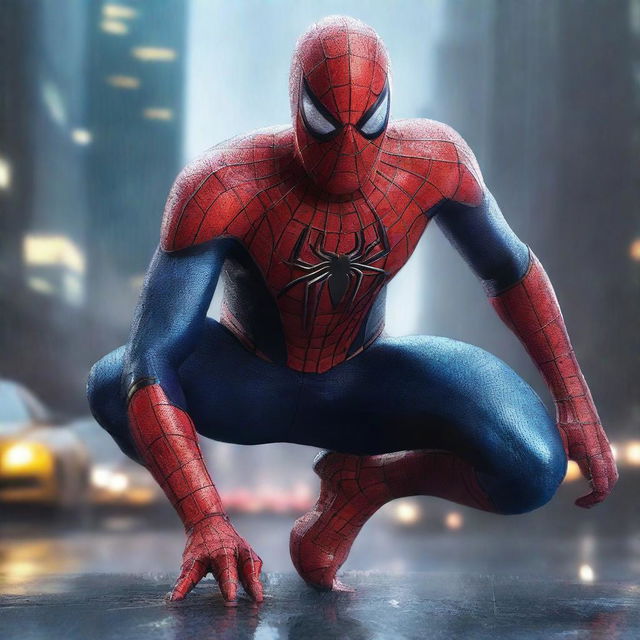 A hyper-realistic digital art piece depicting Spiderman in a blue and black suit, set against a rainy night city backdrop