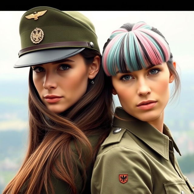 A German soldier standing proudly, next to a woman with long brown hair and dark brown eyes