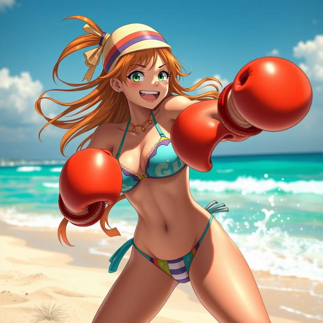 A vibrant scene featuring Uta from One Piece, enjoying a sunny day at the beach