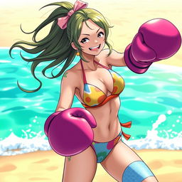 A vibrant scene featuring Uta from One Piece, enjoying a sunny day at the beach