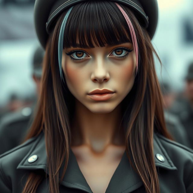 A female German soldier with long brown hair and dark brown eyes