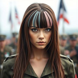 A female German soldier with long brown hair and dark brown eyes