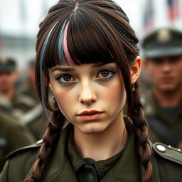 A female German soldier with long brown hair and dark brown eyes