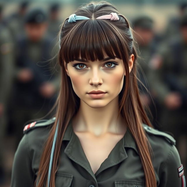 A female German soldier with long brown hair cascading down her shoulders, dark brown eyes reflecting determination