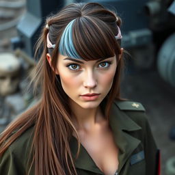 A female German soldier with long brown hair cascading down her shoulders, dark brown eyes reflecting determination