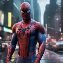 A hyper-realistic digital art piece showcasing Spiderman in a white suit, set against a rainy night city backdrop