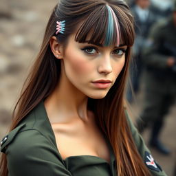 A female German soldier with long brown hair cascading down her shoulders, dark brown eyes reflecting determination