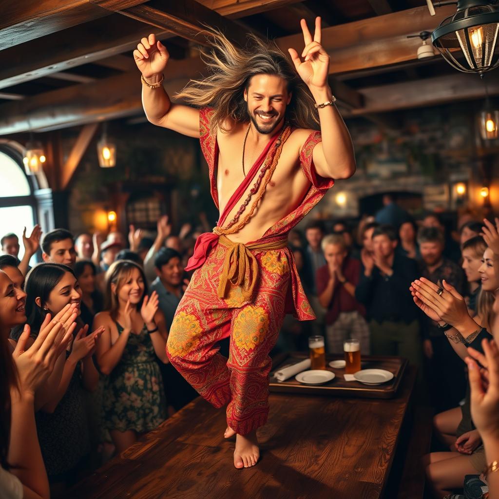 A handsome tanned man with long, flowing hair, wearing bright colorful clothing adorned with intricate patterns