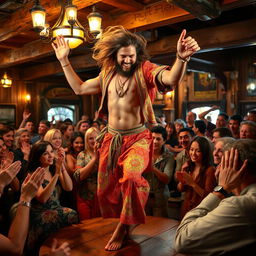 A handsome tanned man with long, flowing hair, wearing bright colorful clothing adorned with intricate patterns